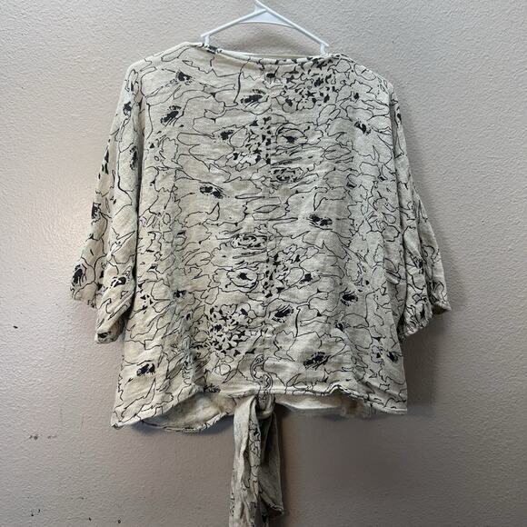 O’Neil Tan Floral Linen Cotton Kimono Tie Front Open Top Swimsuit Cover Up Boho - Picture 7 of 7